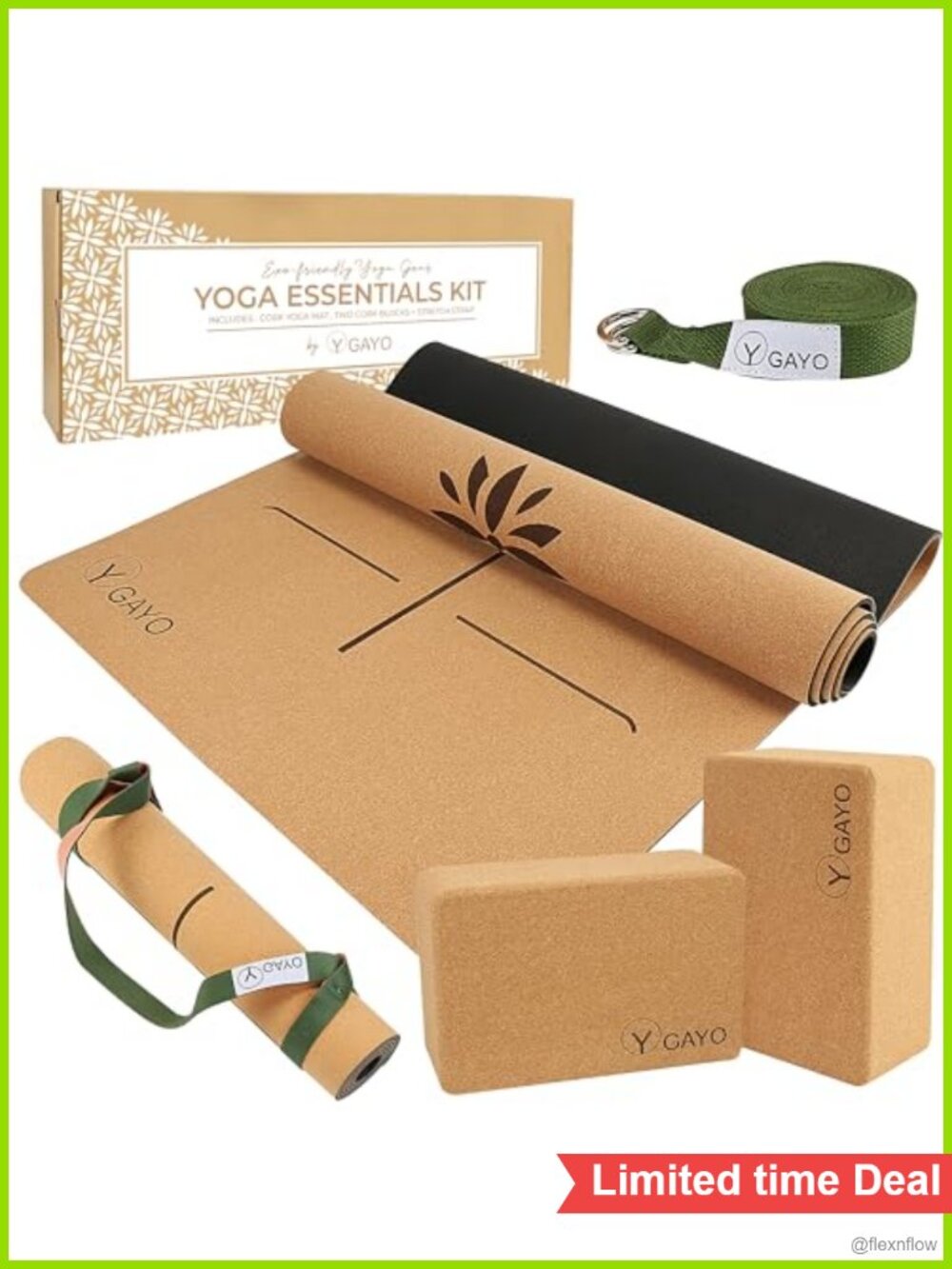 Cork Yoga Mat Set 5mm with 2 Blocks, Strap, Alignment Lines